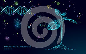 Plant sprout biotechnology abstract concept. 3D render seedling tree leaves DNA genome engineering vitamin supplement