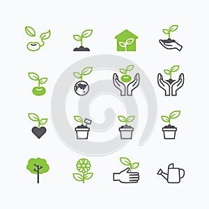 Plant and sprout growing icons flat line design vector photo
