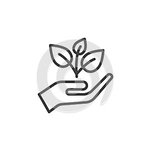 Plant, sprout in a hand line icon, outline vector sign, linear style pictogram isolated on white.