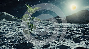A plant is sprouting on deserted Moon surface