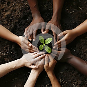 Plant, sustainability and environment with hands of business people for teamwork, earth and support. Collaboration