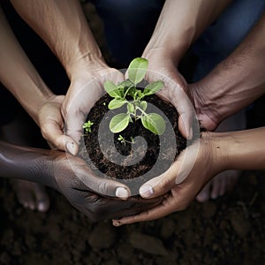 Plant, sustainability and environment with hands of business people for teamwork, earth and support. Collaboration