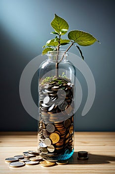 plant on top of bottle filled with coins