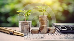 Plant trees on coins and calculators, financial accounting concepts, and save money-enhance photo