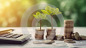 Plant trees on coins and calculators, financial accounting concepts, and save money-enhance photo