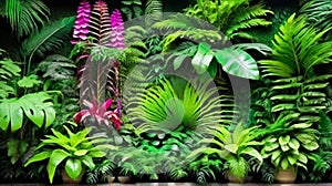 Plant wall with lush green colors, variety plant forest garden.