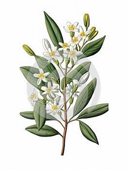 Plant with white flowers and leaves on white background