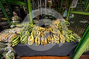 Plantains on display at the Paloquemao Food Market