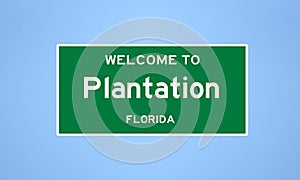 Plantation, Florida city limit sign. Town sign from the USA.