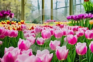 Plantation of pink, red, yellow tulips in a greenhouse. Seasonal flower growing