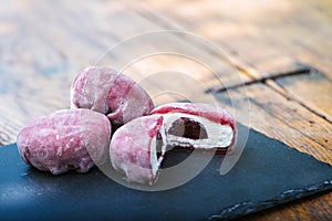 Plantbased fruit snack with chewy purple mochi balls and natural ingredients. Mochi asian dessert