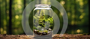 Plantfilled jar on table with moss, rocks natural food storage container