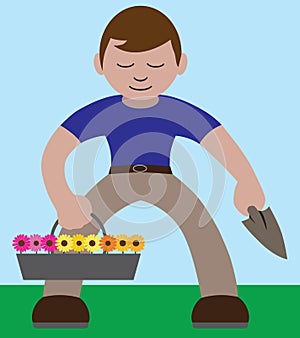 Cartoon Gardener Planting Flowers