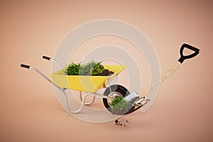 planting grass in the garden. a wheelbarrow with earth and grass and a shovel on a pastel background. 3D render