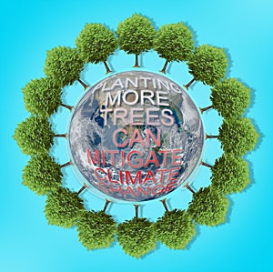 Planting more trees can mitigate climate change - concept with trees series and Planet Earth furnished by NASA photo