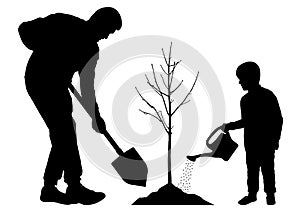 Planting tree with baby. Father and son plant a tree seedling. Silhouette vector on white background