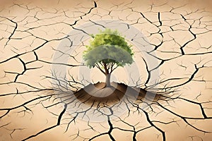 Planting tree in drought crisis. Global warming, care of the environment concept background made with Generative AI