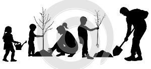 Planting tree and landscaping. Silhouette of large family with  tree seedling and watering cans and shovel. Vector illustration