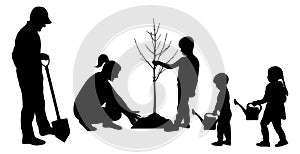 Planting tree and landscaping. Silhouette of large family with  tree seedling and watering cans and shovel. Vector illustration