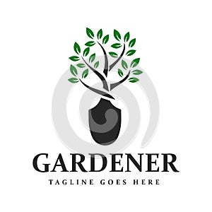Planting Tree Leaves with Shovel Spade Shovel for Garden Agriculture Environmental Logo Design Vector. Landscape Gardener