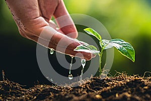 Planting trees growth passion fruit and hand Watering in nature Light and background photo