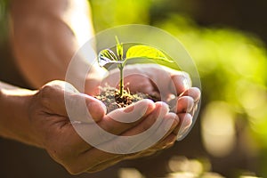 Planting trees Tree Care save world,The hands are protecting the seedlings in nature and the light of the evening