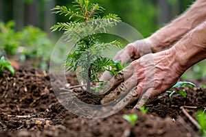 Planting a young tree sapling in soil