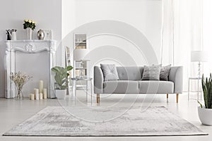 Plants and carpet in white living room interior with candles next to grey couch. Real photo photo