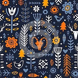 Plants, deer, flowers in nordic style pattern.