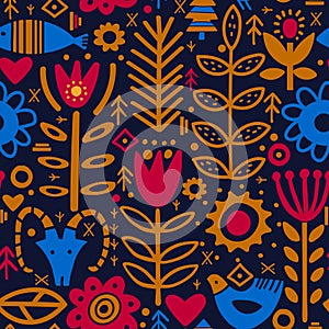 Plants and deer in nordic style seamless pattern.