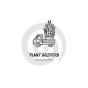 Plants delivery car hand drawn doodle style illustration. Can be used for logo, stamp, pin, print etc