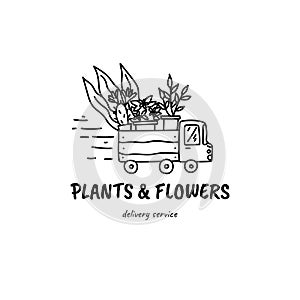 Plants delivery car hand drawn doodle style illustration. Can be used for logo, stamp, pin, print etc. Monstera, sansevieria and