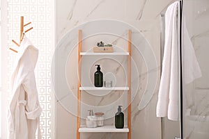 Plants and different toiletries on decorative ladder in bathroom. Interior design