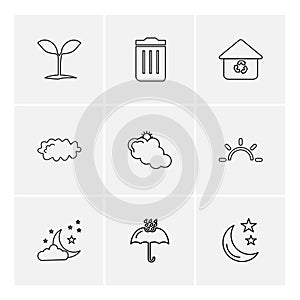 plants , dustbin , umbrella , ecology , sun , cloud , rain , weather , eps icons set vector