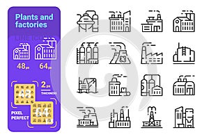 Plants and factories line icons set