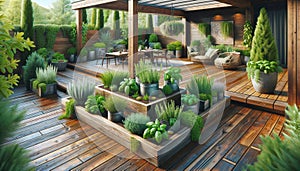 Plants Flowers Herbs Garden Backyard Wooden Boxes Cedar Deck Porch AI Generated