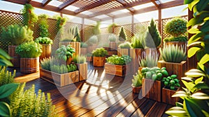 Plants Flowers Herbs Garden Backyard Wooden Boxes Cedar Deck Porch AI Generated