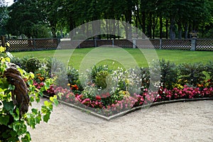 Beds of blooming flowers decorate Sanssouci Park in July. Potsdam, Germany