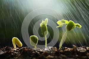 Plants growing from seed with raining.