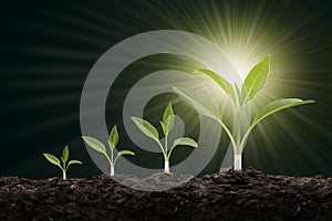 Plants growing in soil, largest emitting green glow, symbolizing growth and vitality, against dark background