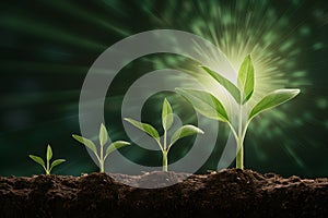 Plants growing in soil, largest emitting green glow, symbolizing growth and vitality, against dark background
