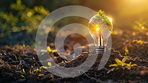 Plants growing in soil within a light bulb. Innovative ideas for earth day or preserving the environment