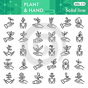 Plants in hands line icon set, gardening symbols collection or sketches. Seedling on hand signs for web, linear style