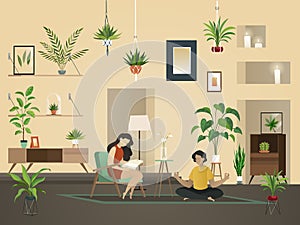 Plants at home indoor. Urban garden with green planting and people in room interior vector illustration.