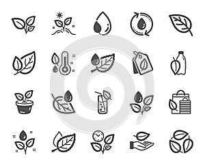 Plants icons. Set of Leaf, Growing plant and Humidity thermometer icons. Vector