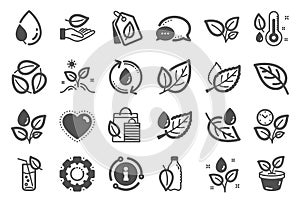 Plants icons. Set of Leaf, Growing plant and Humidity thermometer icons. Vector