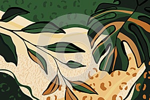 Plants, leopard animal skin print drawn with a line by hand. Minimalistic geometric shapes in green, gold, beige colors