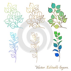 Plants line gold vectors. Collection set of botanical design elements of flowers, branches, buds. Gradient color fill of elements