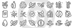 Plants line icons. Set of Leaf, Growing plant and Humidity thermometer icons. Vector