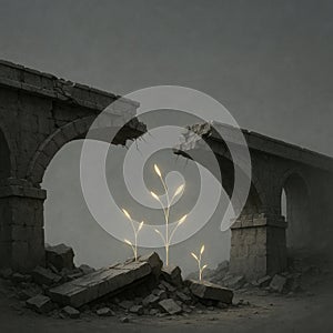 Plants make their way through the cracks of the destroyed bridge.